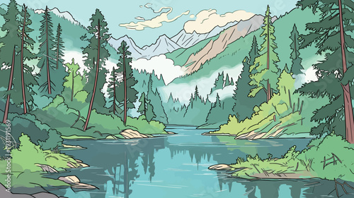 Trees line the banks of a clear river reflecting the sky and mountains. Clouds sit low in the hills, adding depth to the scene.