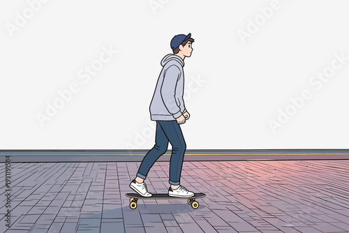 A young person rides a skateboard on a flat surface in an empty urban space with no people around. The sky is clear.