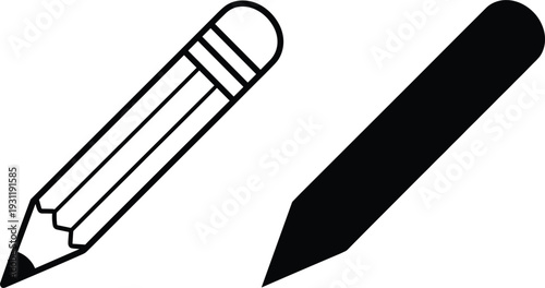 Outline and Solid Pencil Icons on White Background drawing writing