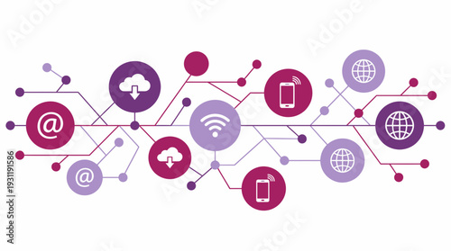 Digital communication network diagram with cloud, email, mobile and wifi icons on white background, concept for global telecommunication, cloud storage computing and data infrastructure