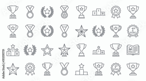 Collection of achievement and award line icons featuring trophies, medals, stars and winner podiums on a white background, concept for business success, sports competition and personal accomplishment