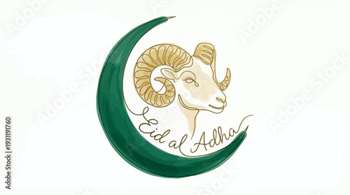 One line art of ram head with green crescent moon and Eid al Adha text on white background, concept for religious greeting cards, Islamic holiday posters and social media banners