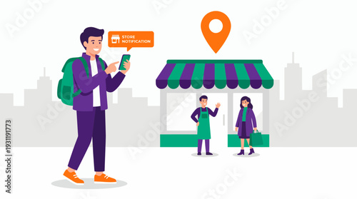 Young traveler receiving mobile store notification while shop manager greets female customer on city street, concept for proximity marketing, retail advertising and digital commerce strategy
