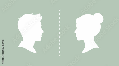 white silhouettes of a male office manager and female assistant separated by a dashed line on sage background, concept for job recruitment, social distancing and professional relationship