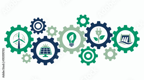 Interlocking green and blue gears with renewable energy icons featuring solar panels wind turbines hydroelectricity and eco bulbs, concept for sustainable industry, green business and technology