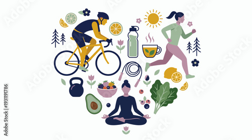 Illustrated heart shape with yoga cycling and healthy food icons for busy corporate managers, concept for employee wellbeing, company health program and professional lifestyle balance