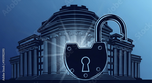 Secure Financial Institution Building with Open Padlock Symbol.