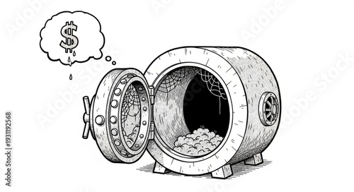 Open safe with dollar sign thought bubble above.