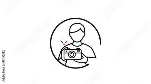 Person holding a camera in a circle illustration.