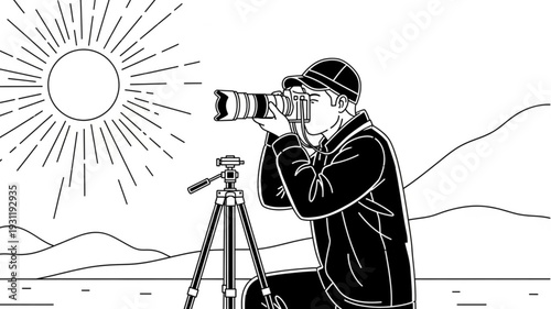 Photographer Capturing Landscape Image Under Bright Sun.