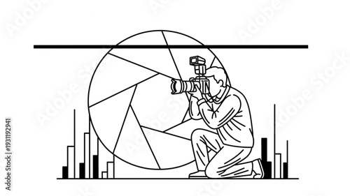 Photographer Kneeling Capturing Image Through Camera Lens Aperture.