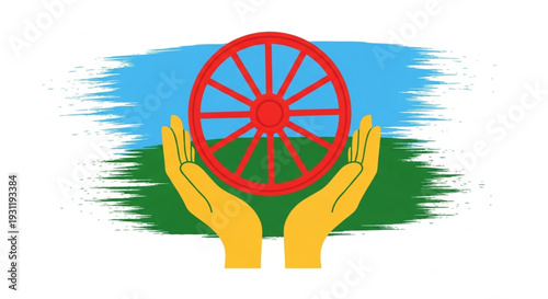International Romani Day Symbolic Representation of Unity and Support A Red Wheel Held Between Two Hands with a Blue and Green Background