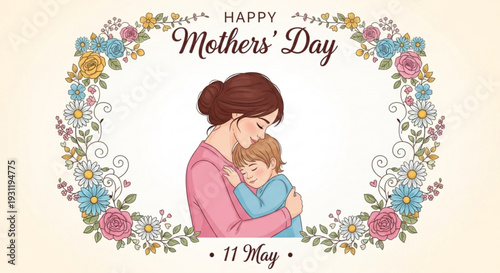 Mother and child hug on mothers day with flowers and happy mothers day text