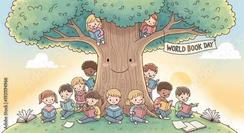 Diverse children sitting around a smiling tree with world book day banner on a sunny day