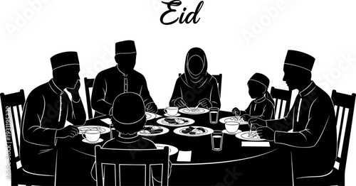 Muslim family gathering for Eid dinner silhouette, traditional Islamic celebration with Halal food, happy community sitting together at dining table illustration, religious holiday event,