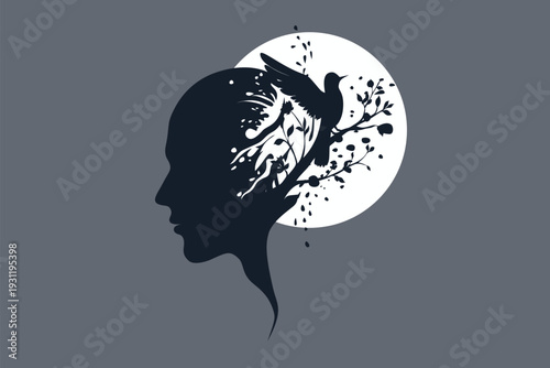Head Silhouette with Flying Hummingbird and Flowers: Mind Flowering Growth, Freedom Progress
