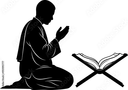 Muslim man silhouette praying in front of Holy Quran book, Islamic religious concept for Ramadan Kareem, Eid Mubarak, and worship.