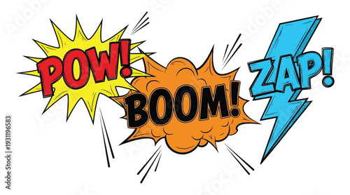 Comic book sound effects explosion with pow boom and zap