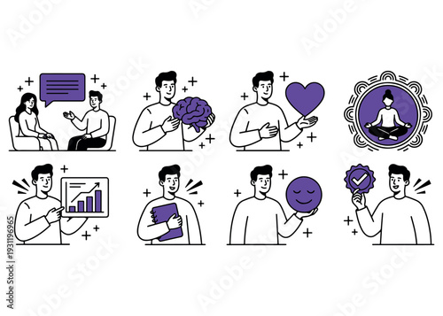 Man with symbols for mental health, brain, heart, meditation and well being