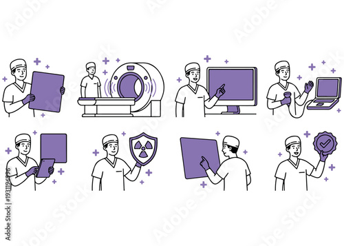 Healthcare worker with medical equipment and data visualization icons