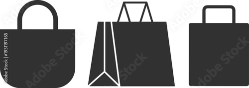 Shopping bag vector icons, tote bag illustration, paper shopping bag design, reusable eco bag silhouette, retail store symbol, e-commerce graphic, packaging concept
