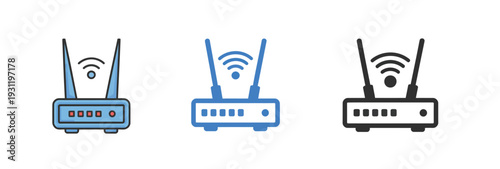 Wi-Fi router icon set with signal waves in various styles.