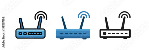 Wireless router icon set showing internet signal transmission.