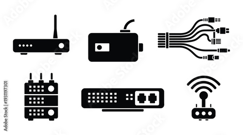 Collection of networking hardware and connectivity icons