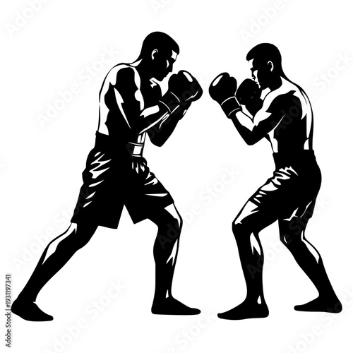 High-contrast vector silhouette of two boxers in a sparring stance. Dynamic illustration of a boxing match or martial arts training, representing strength, competition, and combat sports.