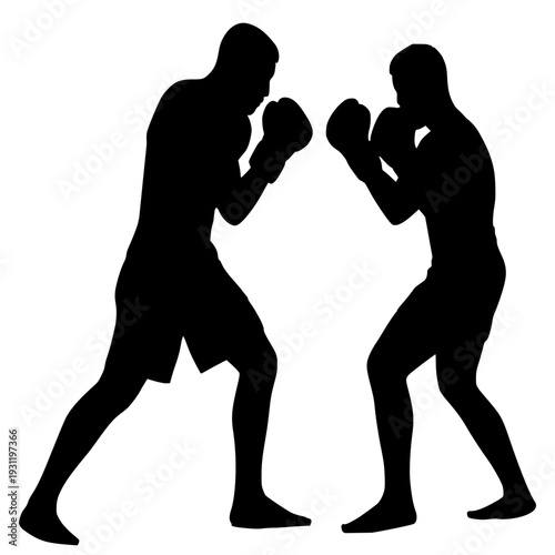 High-contrast silhouette of two professional boxers in a sparring stance. Dynamic vector-style illustration of a boxing match, capturing the intensity of combat sports, competition, and fitness.