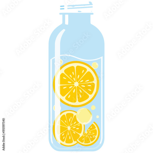 Refreshing clear bottle of water infused with vibrant orange or lemon slices and small bubbles, depicted as a simple graphic illustration.
