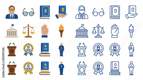 Collection of law and justice icons in two styles, featuring symbols like judges, courthouses, scales, books, and podiums, representing legal and governmental concepts.