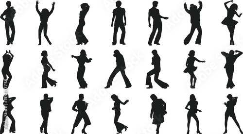 Collection of dancing people silhouettes isolated on light background, men and women in dynamic dance poses, black human figures for party, music and celebration design