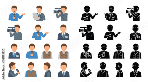 Collection of flat design icons representing journalists, news reporters, and camera operators in various poses and attire, both in color and silhouette.
