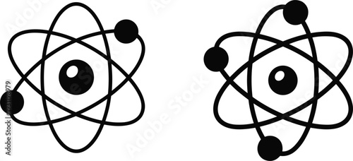 Two black and white icons of atomic structures with a central eye science molecule