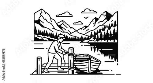 Line art illustration of a person tying a rowboat to a dock on a serene mountain lake with pine trees and clouds.