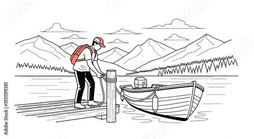 A person tying a small boat to a wooden dock on a serene lake with mountains and trees in the background, line art illustration.