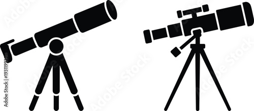 Two Black Silhouettes Of Telescopes On Tripods On White Background astronomy science