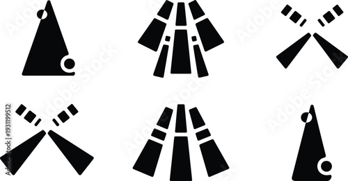 Billiards and snooker icon set with triangle rack balls and crossed cue sticks silhouettes isolated on light background for sports logo design