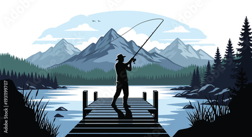 Silhouette of a person fishing from a wooden dock on a serene lake, surrounded by majestic mountains and a dense forest under a clear sky.