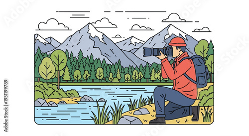 A male photographer captures a scenic mountain landscape with a lake and forest in a vibrant outdoor illustration.