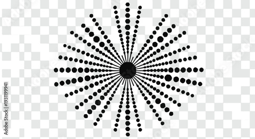 Abstract radial burst of black dots on a transparent background, suggesting energy or sound waves.