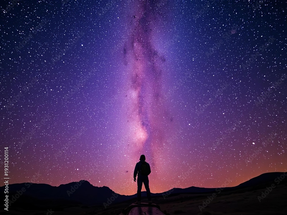 Fototapeta premium Solo traveler atop mountain, Milky Way above, star-gazing achievement, solo, night sky