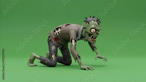 Creepy Cartoon Zombie Crawling on Green Screen Background