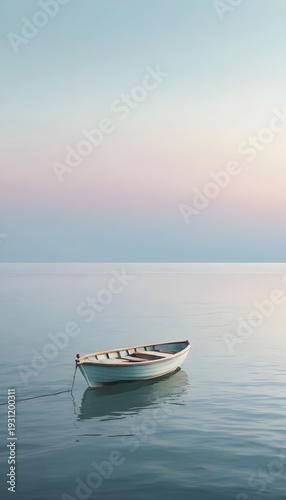 Serene small white boat on calm sea at dusk.