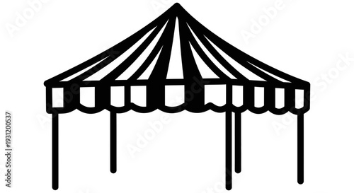 Simple black and white illustration of a classic circus tent with striped canopy and sturdy poles standing tall against a clean white background