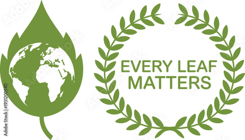 Green leaf globe logo with laurel wreath and Every Leaf Matters text, sustainable environmental conservation emblem design for eco branding