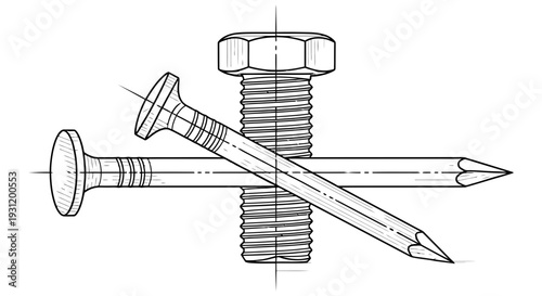 A collection of fastening elements including a bolt a nail and a screw illustrated in a detailed technical drawing style