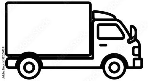 Simple black and white illustration of a delivery truck facing right side on a white background