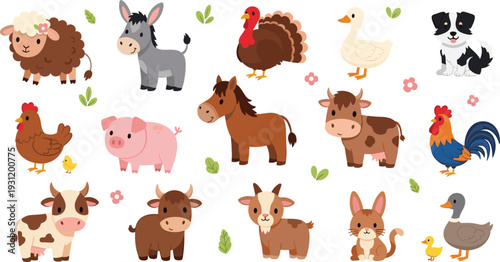 Cute Farm Animal Illustration Set with Sheep, Pig, Cow, Horse, and More for Agricultural and Pet Themes